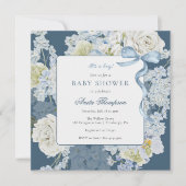 Invitation Blue It's a Boy Floral Bow Baby Shower (Devant)