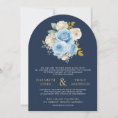 Invitation Blue Ivory Floral Roses QR Code Photo Mariage de l (Devant)