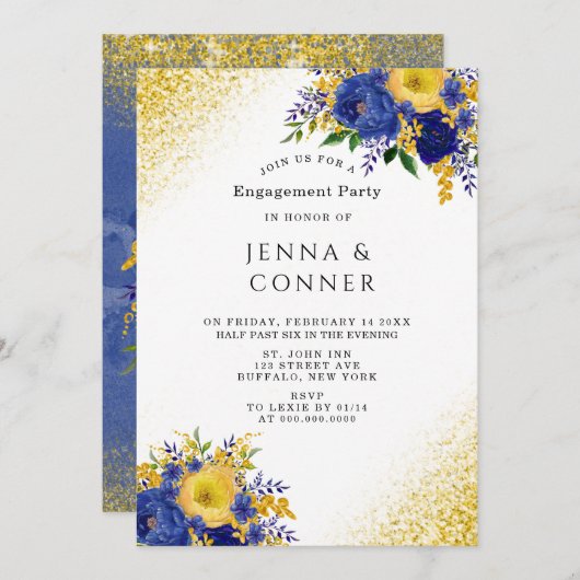 Invitation Blue Jaune Floral Gold Parties scintillant (Devant / Derrière)