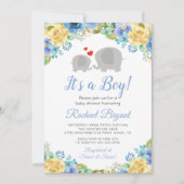 Invitation Blue Jaune Floral Roses Garçon Elephant Baby showe (Devant)