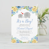 Invitation Blue Jaune Floral Roses Garçon Elephant Baby showe (Debout devant)
