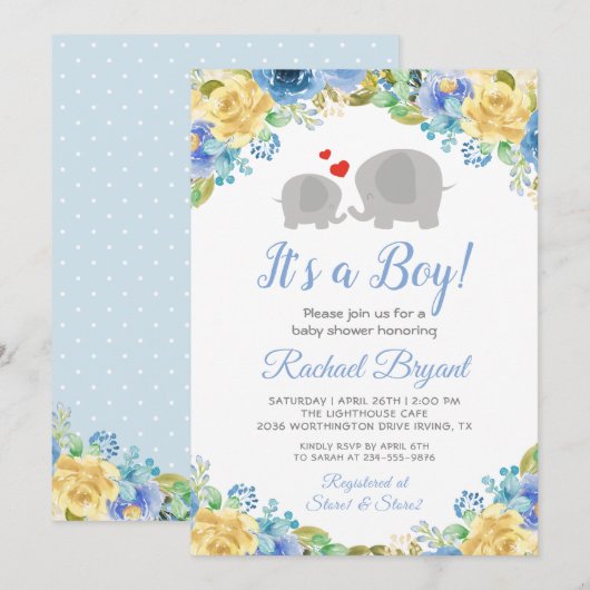 Invitation Blue Jaune Floral Roses Garçon Elephant Baby showe (Devant / Derrière)