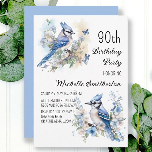 Invitation Blue Jay Bird Flowers Printemps 90e Anniversaire