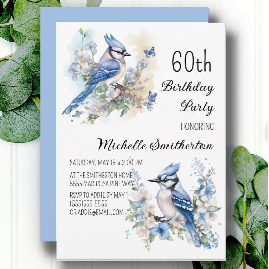 Invitation Blue Jay Bird Flowers Springtime 60e anniversaire