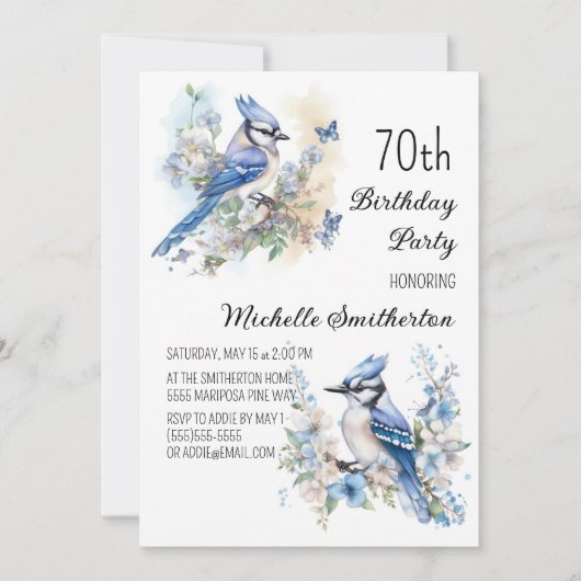 Invitation Blue Jay Bird Flowers Springtime 70e anniversaire (Devant)