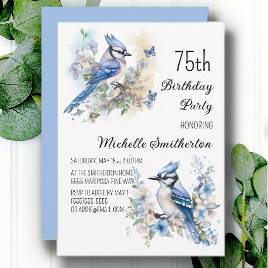 Invitation Blue Jay Bird Flowers Springtime 75e anniversaire