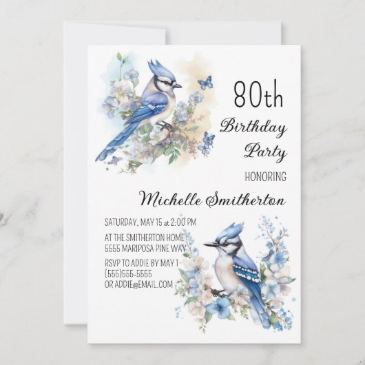 Invitation Blue Jay Bird Flowers Springtime 80e anniversaire (Devant)