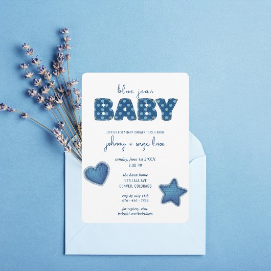 Invitation Blue Jean Baby | Baby shower moderne | Patchwork