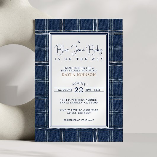 Invitation Blue Jean Baby Shower Preppy Plaid Script