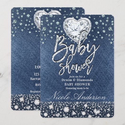 Invitation Blue Jean Denim & Bling Diamonds Baby shower (Devant / Derrière)