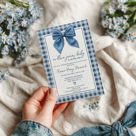 Invitation Blue Jean Denim Coquette Bow En vichy Baby shower