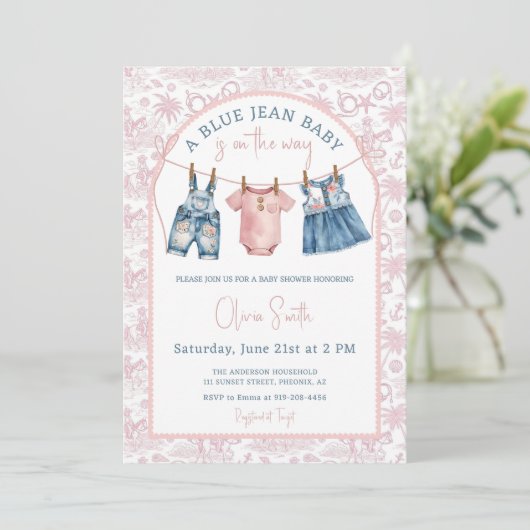 Invitation Blue Jean Denim Girl Baby Shower (Debout devant)