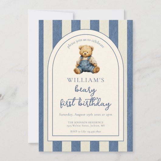 Invitation Blue Jean Denim Teddy Bear 1st Birthday (Devant)