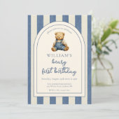 Invitation Blue Jean Denim Teddy Bear 1st Birthday (Debout devant)