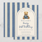 Invitation Blue Jean Denim Teddy Bear 1st Birthday (Devant / Derrière)