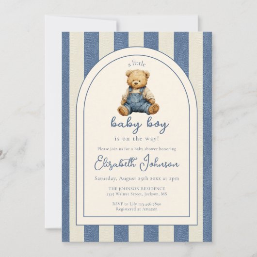 Invitation Blue Jean Denim Teddy Bear Boy Baby Shower (Devant)