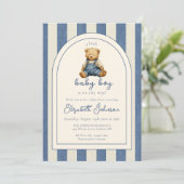 Invitation Blue Jean Denim Teddy Bear Boy Baby Shower (Debout devant)