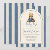 Invitation Blue Jean Denim Teddy Bear Boy Baby Shower (Devant / Derrière)