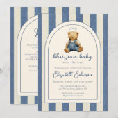 Invitation Blue Jean Denim Teddy Bear QR Code Baby Shower (Devant / Derrière)