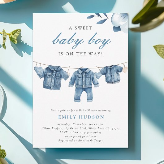 Invitation Blue Jean Denim Vêtements Baby shower garçon