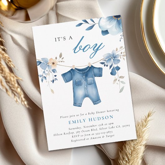 Invitation Blue Jean Denim Vêtements Baby shower garçon