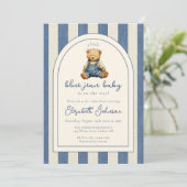 Invitation Blue Jean Teddy Bear Photo QR Code Baby Shower (Debout devant)