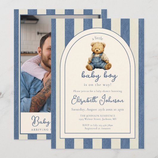 Invitation Blue Jean Teddy Bear Photo QR Code Boy Baby Shower (Devant / Derrière)