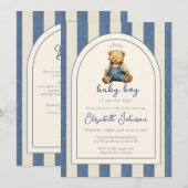 Invitation Blue Jean Teddy Bear QR Code Boy Baby Shower (Devant / Derrière)