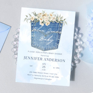 Invitation Blue Jeans Baby shower Denim Pays Floral