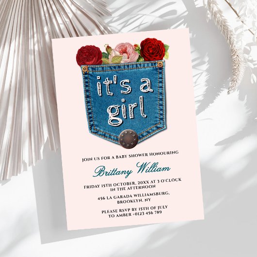 Invitation Blue Jeans Floral C'est un Baby shower fille