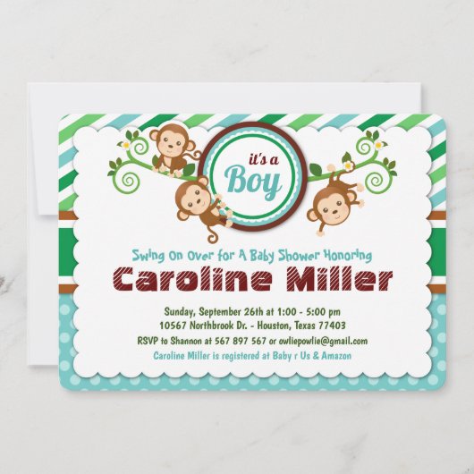 Invitation Blue Jungle Monkey Safari Baby shower animal garço (Devant)