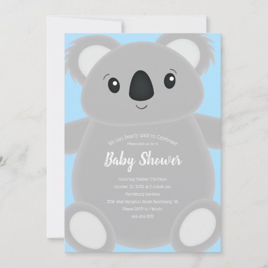 Invitation Blue Koala Bear Baby shower (Devant)