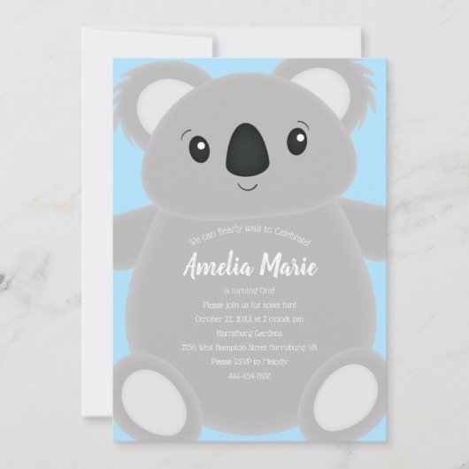 Invitation Blue Koala Bear fête d'anniversaire (Devant)
