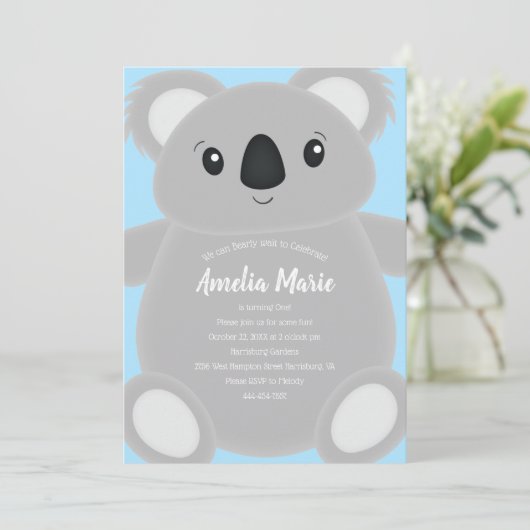 Invitation Blue Koala Bear fête d'anniversaire (Debout devant)