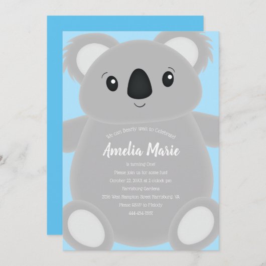 Invitation Blue Koala Bear fête d'anniversaire (Devant / Derrière)
