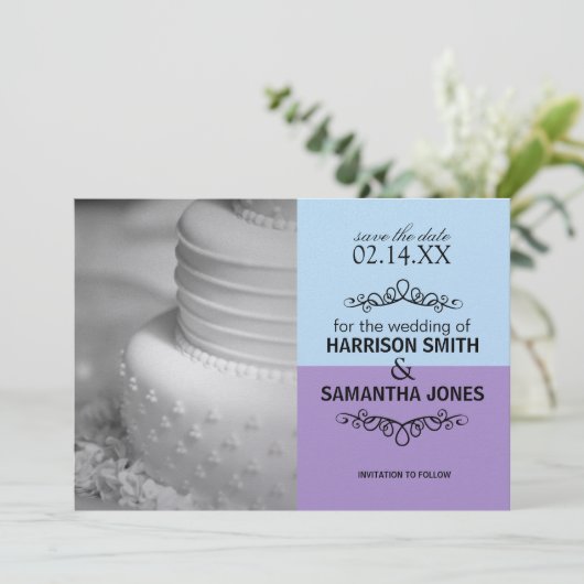 Invitation Blue & Lavender Enregistrer la date Annonces (Debout devant)