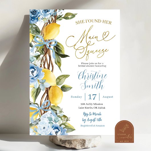Invitation Blue Lemon et Bow Main Squeeze Fête de Mariage