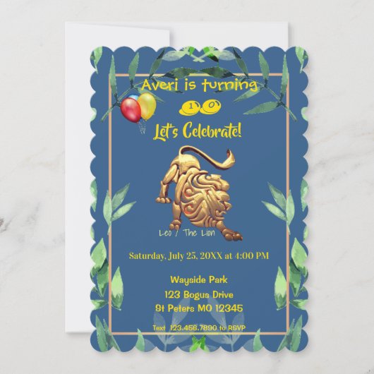 Invitation Blue Leo (23 juillet - 22 août) anniversaire (Devant)