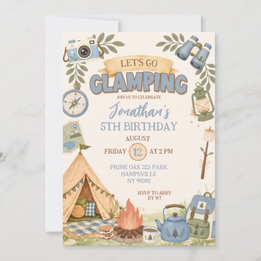 Invitation Blue Let's Go Fête d'anniversaire Glamping (Devant)