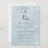 Invitation Blue Lighthouse & Seagulls Nautical Beach Wedding (Devant)