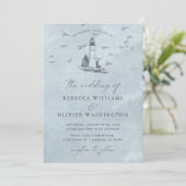 Invitation Blue Lighthouse & Seagulls Nautical Beach Wedding (Debout devant)