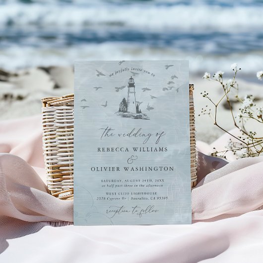 Invitation Blue Lighthouse & Seagulls Nautical Beach Wedding