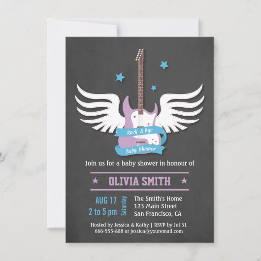 Invitation Blue Lilac Guitare Rock a Bye Baby shower (Devant)