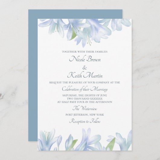 Invitation Blue Lilies Mariage aquarelle (Devant / Derrière)