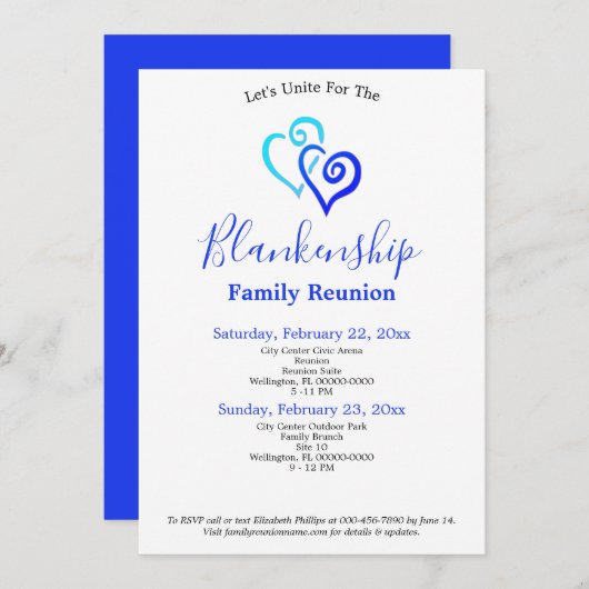 Invitation Blue Linked Hearts Famille Modèle de réunion (Devant / Derrière)