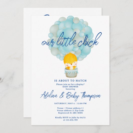 Invitation Blue Little Chick Sur Le Point De Hatch Bébé Garço (Devant / Derrière)