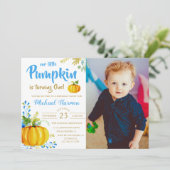 Invitation Blue Little Citrouille Fall Boy Anniversaire Photo (Debout devant)
