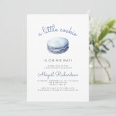 Invitation Blue Little Cookie Macaron QR Code Boy Baby Shower (Debout devant)