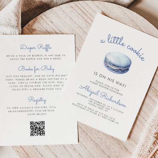 Invitation Blue Little Cookie Macaron QR Code Boy Baby Shower