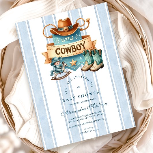 Invitation Blue Little Cowboy Baby shower occidental moderne